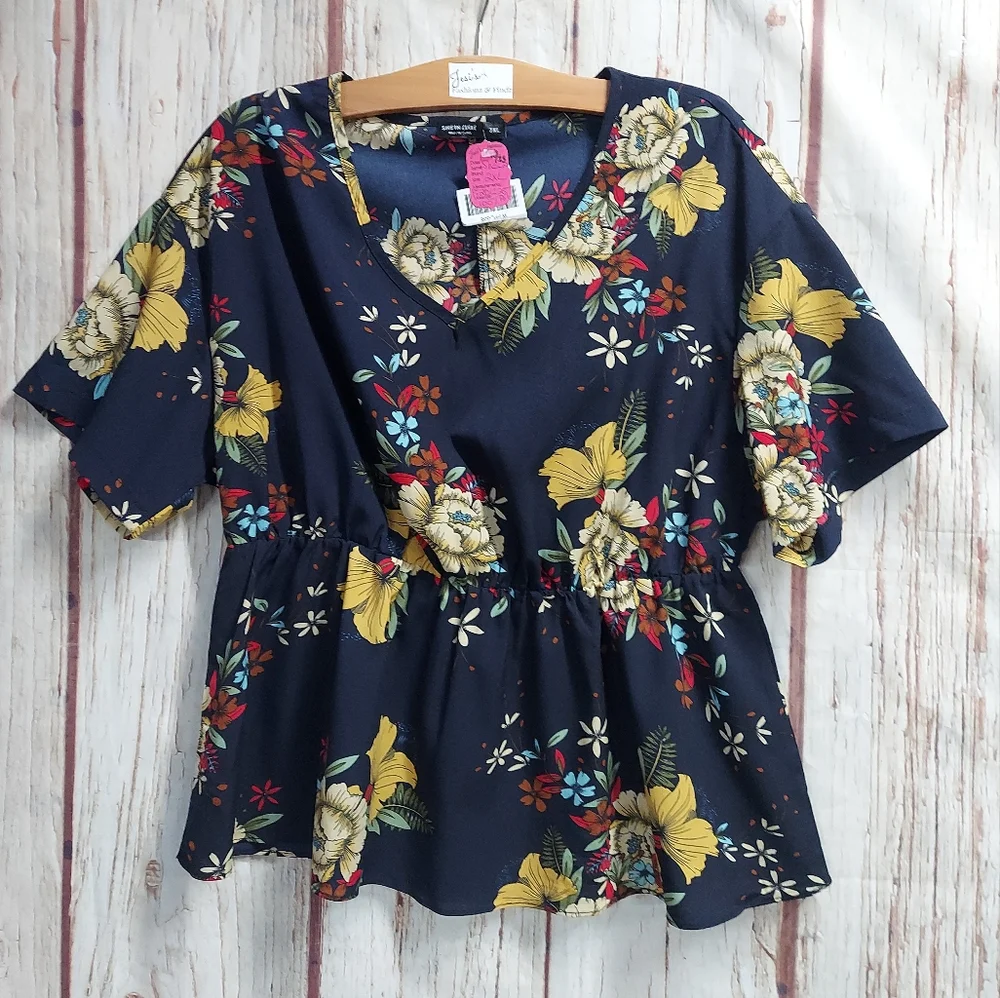 Elastic Waist Floral Print V Neck Blouse - Picture 7 of 11